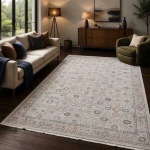 Otantik Modern Eskitme Saçaklı Dokuma Salon Halısı Krem Mavi Kiremit 200x290 cm